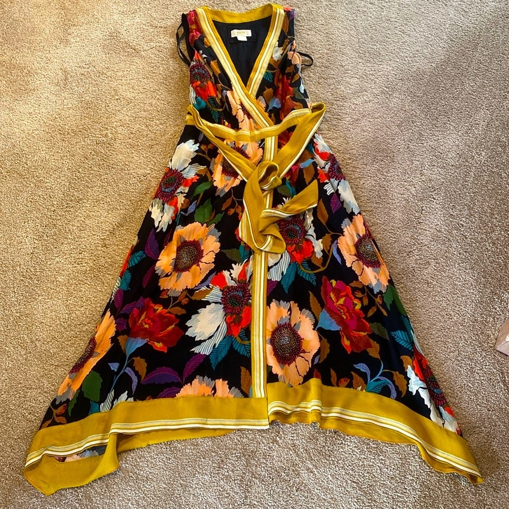 Anthropologie Maeve Botanica Tie Waist Hankerchief  Hem Floral Faux Wrap Dress 0